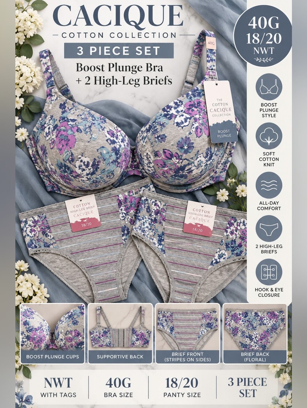 NWT Cacique Cotton Boost Plunge Bra 40G + 2 Panties 18/20 Floral 3 Pc Set